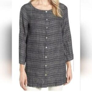 Eileen Fisher 100% Organic Linen Button Up Tunic Top Blue White PP Petite 2 4